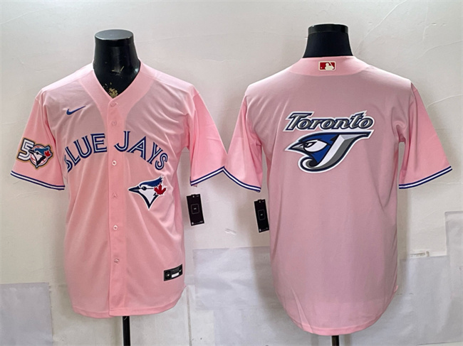Men's Toronto Blue Jays Team Big Logo Pink 50 Seasons Patch Stitched Baseball Jersey