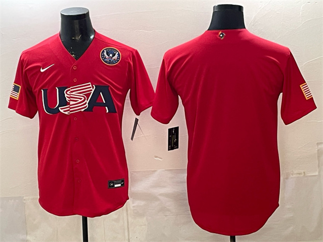Men's USA Baseball Blank Red 2026 World Baseball Classic United States 250th Anniversary Patch Stadium Stitched Jersey