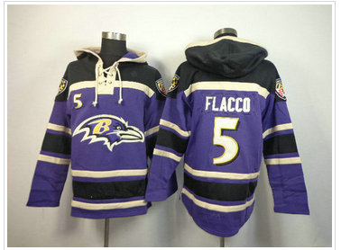 Baltimore Ravens #5 Joe Flacco Purple Sawyer Hooded Sweatshirt Stitched Jersey