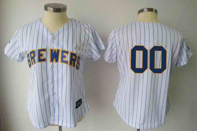 Milwaukee Brewers Blank White Blue Strip Women Custom Jerseys