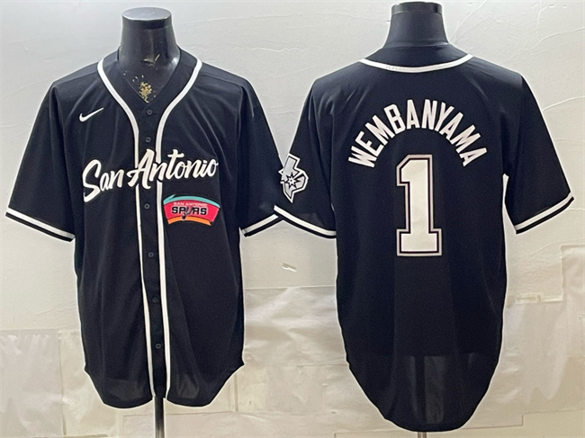 Men's San Antonio Spurs #1 Victor Wembanyama Black Stitched Baseball Jerseys 001