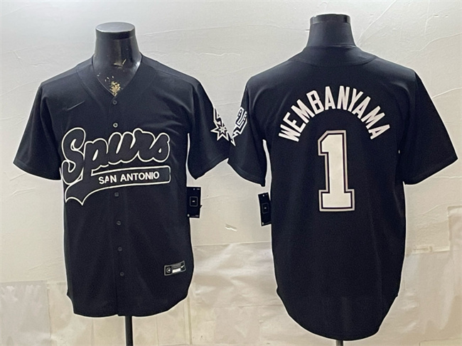 Men's San Antonio Spurs #1 Victor Wembanyama Black Stitched Baseball Jerseys