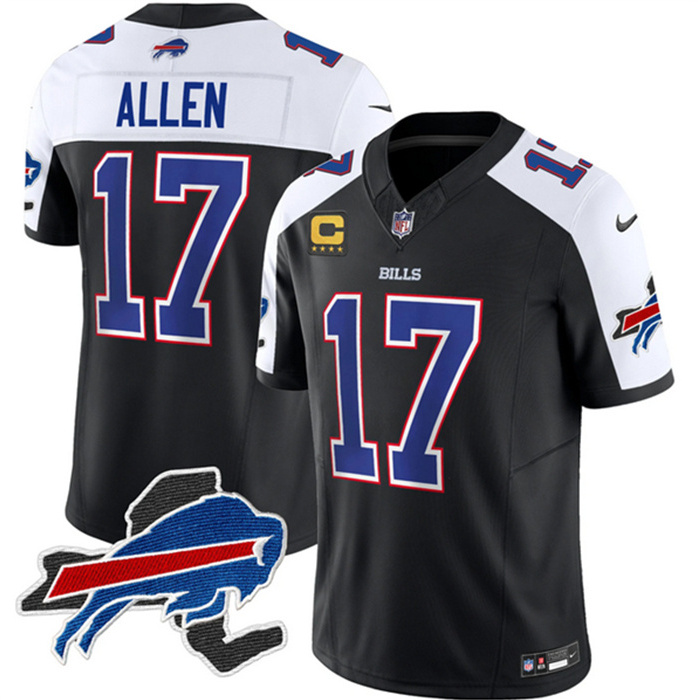 Men's Buffalo Bills #17 Josh Allen Black White 2023 F.U.S.E. New York Patch And 4-Star C Patch Vapor Untouchable Limited Stitched Football JerseyS