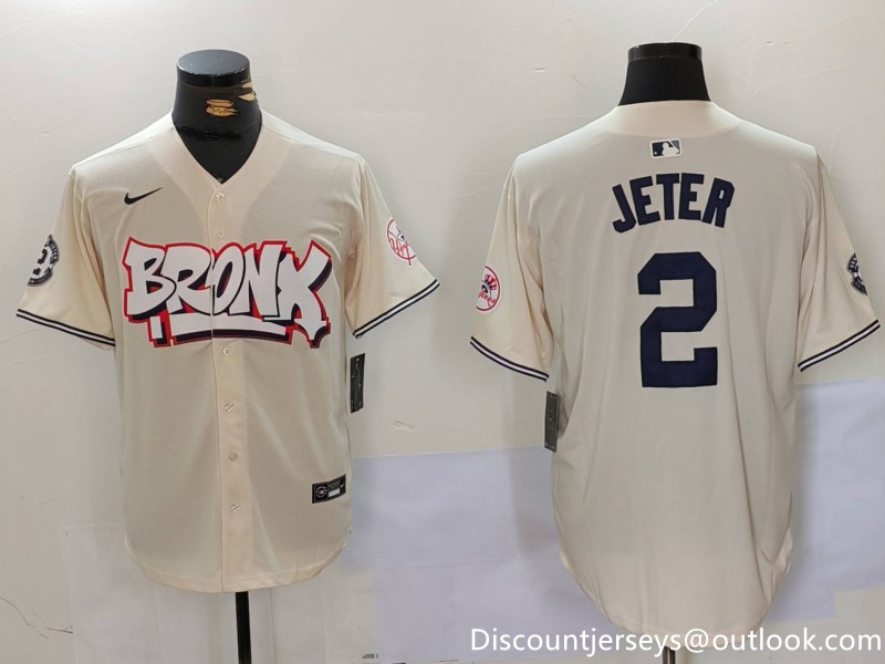 Men's New York Yankees #2 Derek Jeter Cream The Bronx Graffiti V2 Vapor Limited Stitched Baseball Jersey 6