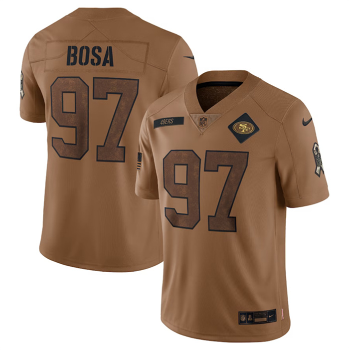 Men's San Francisco 49ers #97 Nick Bosa 2023 Brown Salute To Service Limited Stitched Football Jersey Men's San Francisco 49ers #97 Nick Bosa 2023 Brown Salute To Service Limited Stitched Football Jersey