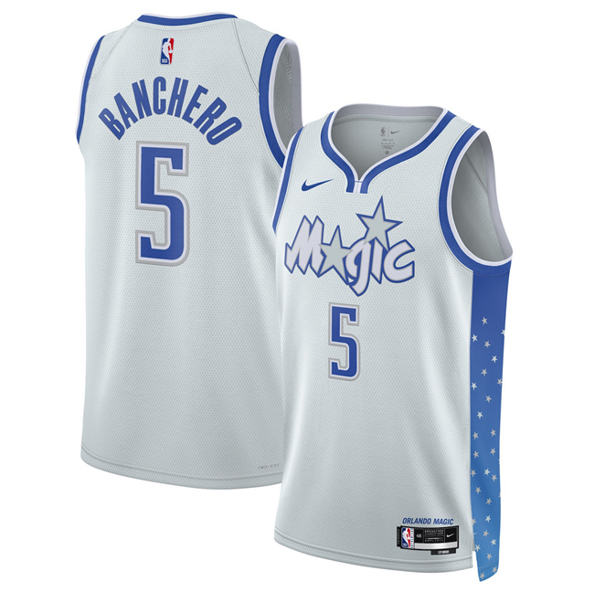 Men's Orlando Magic #5 Paolo Banchero Silver 2025 26 City Edition Stitched Basketball Jersey