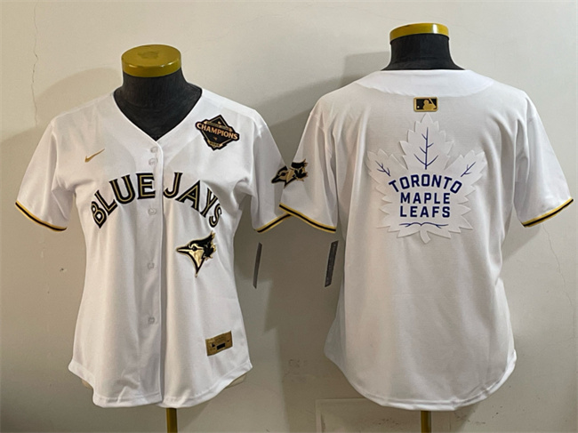 Women's Toronto Blue Jays & Leafs White Gold 2025 American League Champions With White Leafs Logo Limited Stitched Baseball Jersey(Run Small)