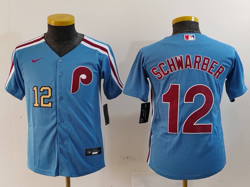Youth Philadelphia Phillies #12 Kyle Schwarber Blue Cool Base Stitched Baseball Jersey 1