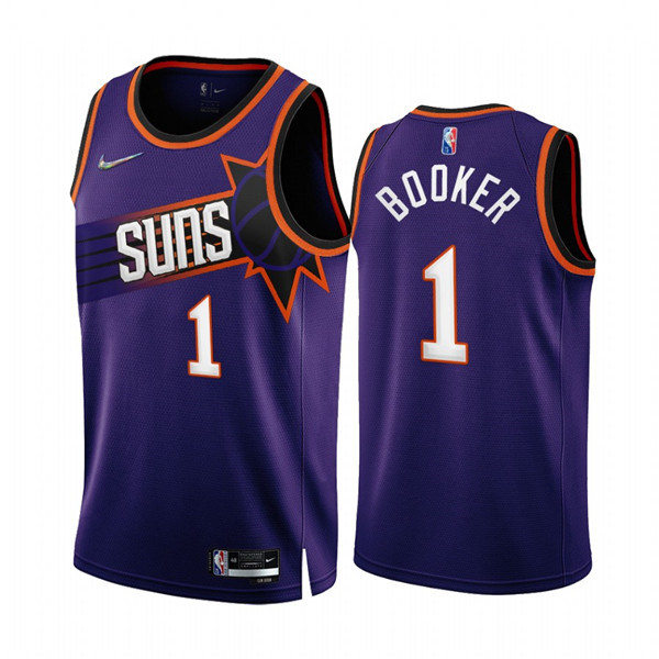 Men's Phoenix Suns #1 Devin Booker 2022 23 Purple 75th Anniversary Icon Edition Stitched Jersey