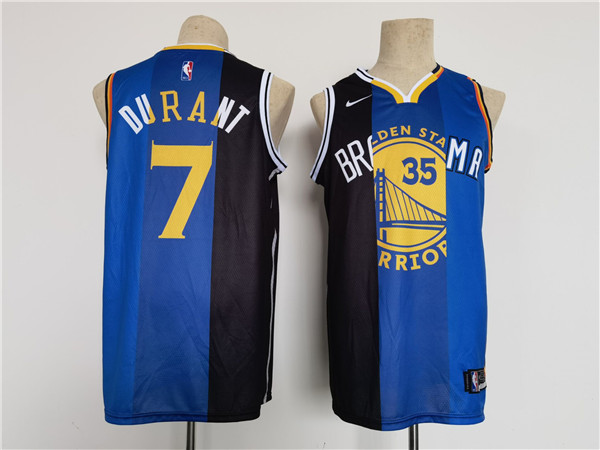 Men's Brooklyn Nets Thunder Warriors #7 Kevin Durant White Blue Black Splite Throwback Basketball Jersey