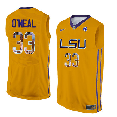 LSU Tigers 33 Shaquille O'Neal Gold With Portrait Print College Basketball Jersey2