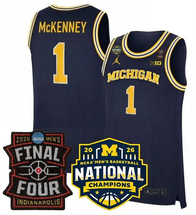 Men's Michigan Wolverines #1 Trey McKenney Navy 2025 26 Final Four & National Champions Patch Stitched Basketball Jersey