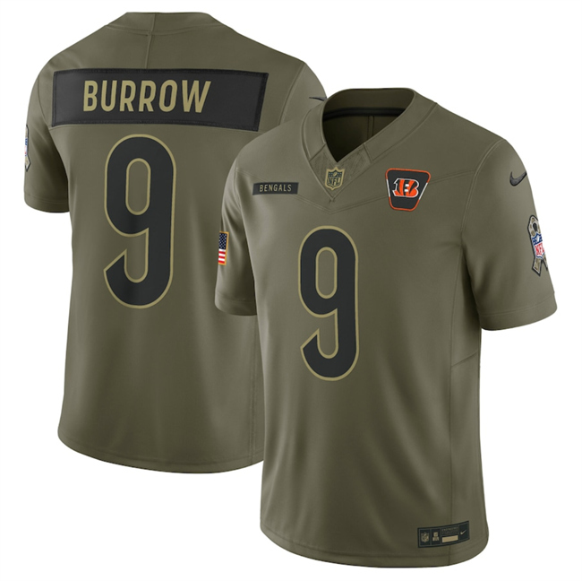 Men's Cincinnati Bengals #9 Joe Burrow Olive 2025 Salute to Service Limited Stitched Football Jersey