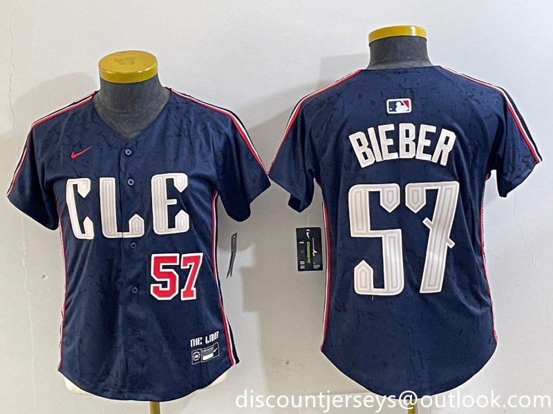 Women's Cleveland Guardians #57 Shane Bieber Navy 2024 City Connect Limited Stitched Baseball Jersey 1