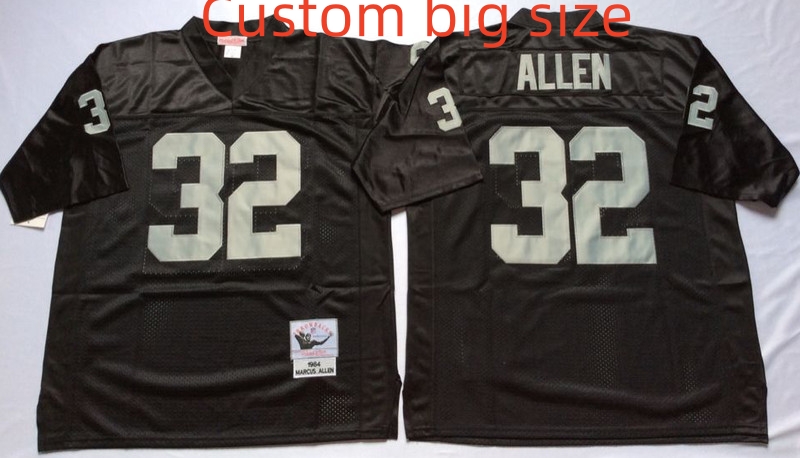 Custom Big size Mitchell And Ness Raiders #32 Marcus Allen balck Throwback Stitched NFL Jersey
