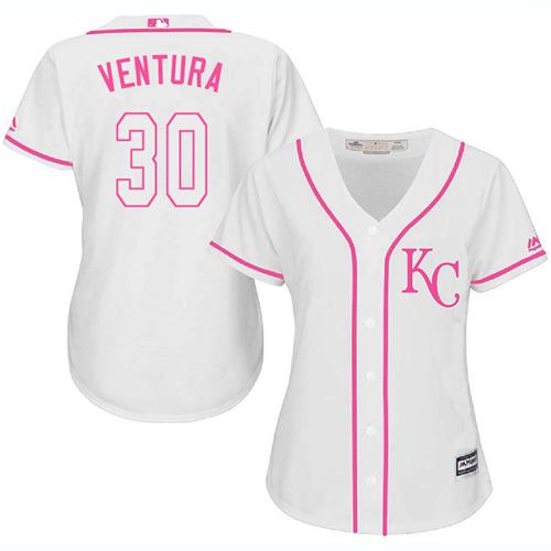 Royals #30 Yordano Ventura White Pink Fashion Women's Stitched MLB Jersey