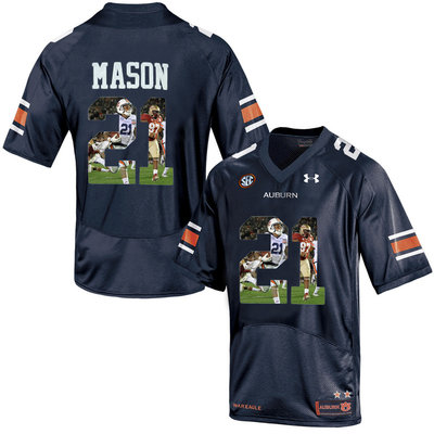 Auburn Tigers 21 Tre Mason Navy With Portrait Print College Football Jersey2