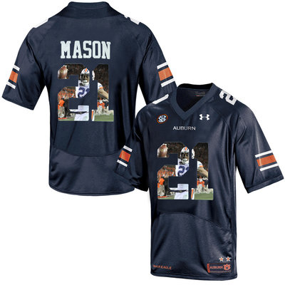 Auburn Tigers 21 Tre Mason Navy With Portrait Print College Football Jersey