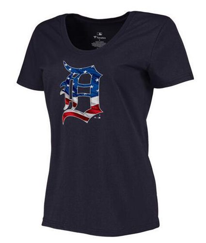 Women's Detroit Tigers USA Flag Fashion T-Shirt Navy Blue