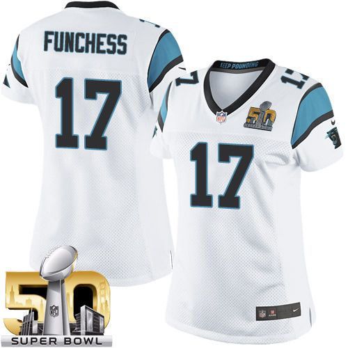 Nike Panthers #17 Devin Funchess White Super Bowl 50 Women's Stitched NFL Elite Jersey