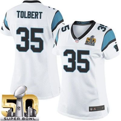 Nike Panthers #35 Mike Tolbert White Super Bowl 50 Women's Stitched NFL Elite Jersey