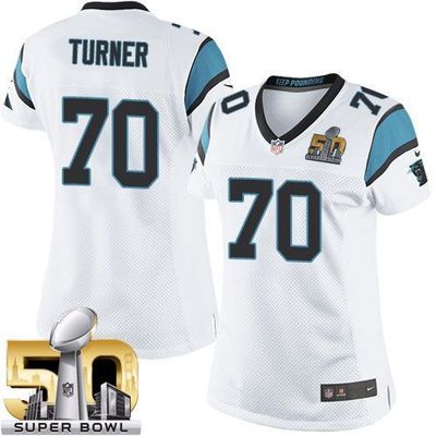 Nike Panthers #70 Trai Turner White Super Bowl 50 Women's Stitched NFL Elite Jersey