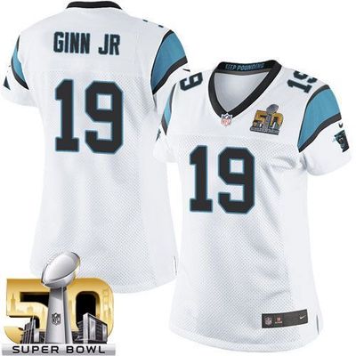 Nike Panthers #19 Ted Ginn Jr White Super Bowl 50 Women's Stitched NFL Elite Jersey