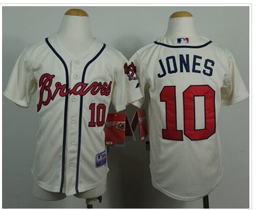 Youth Atlanta Braves #10 Chipper Jones Cream Cool Base Baseball Jersey