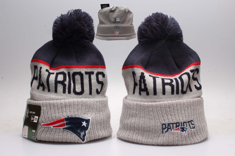 Patriots Team Logo Gray Navy Wordmark Cuffed Pom Knit Hat YP