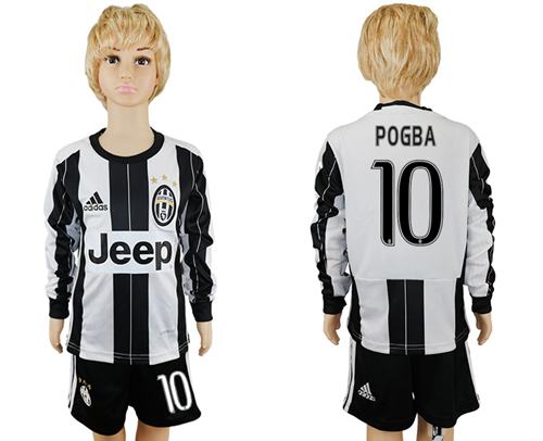 Juventus #10 Pogba Home Long Sleeves Kid Soccer Club Jersey