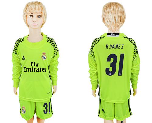Paris Saint-Germain #31 R.Yanez Shiny Green Goalkeeper Long Sleeves Kid Soccer Club Jersey