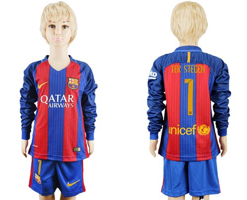 Barcelona #1 Ter Stegen Home Long Sleeves Kid Soccer Club Jersey