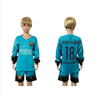 Barcelona #18 Jordi Alba SEC Away Long Sleeves Kid Soccer Club Jersey