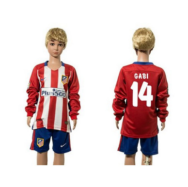 Atletico Madrid #14 Gabi Home Long Sleeves Kid Soccer Club Jersey