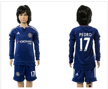Chelsea #17 Pedro Blue Home Long Sleeves Kid Soccer Club Jersey