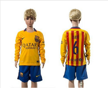 Barcelona #6 Xavi Away Long Sleeves Kid Soccer Club Jersey