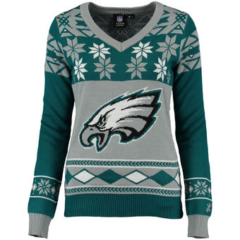 Women's Philadelphia Eagles Klew Midnight Green Gray Big Logo V-Neck Ugly Sweater