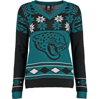 Women's Jacksonville Jaguars Klew Black Teal Big Logo V-Neck Ugly Sweater